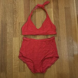 Calvin Klein vintage bikini in red, size 8. Tie top. High waisted. Some wear.